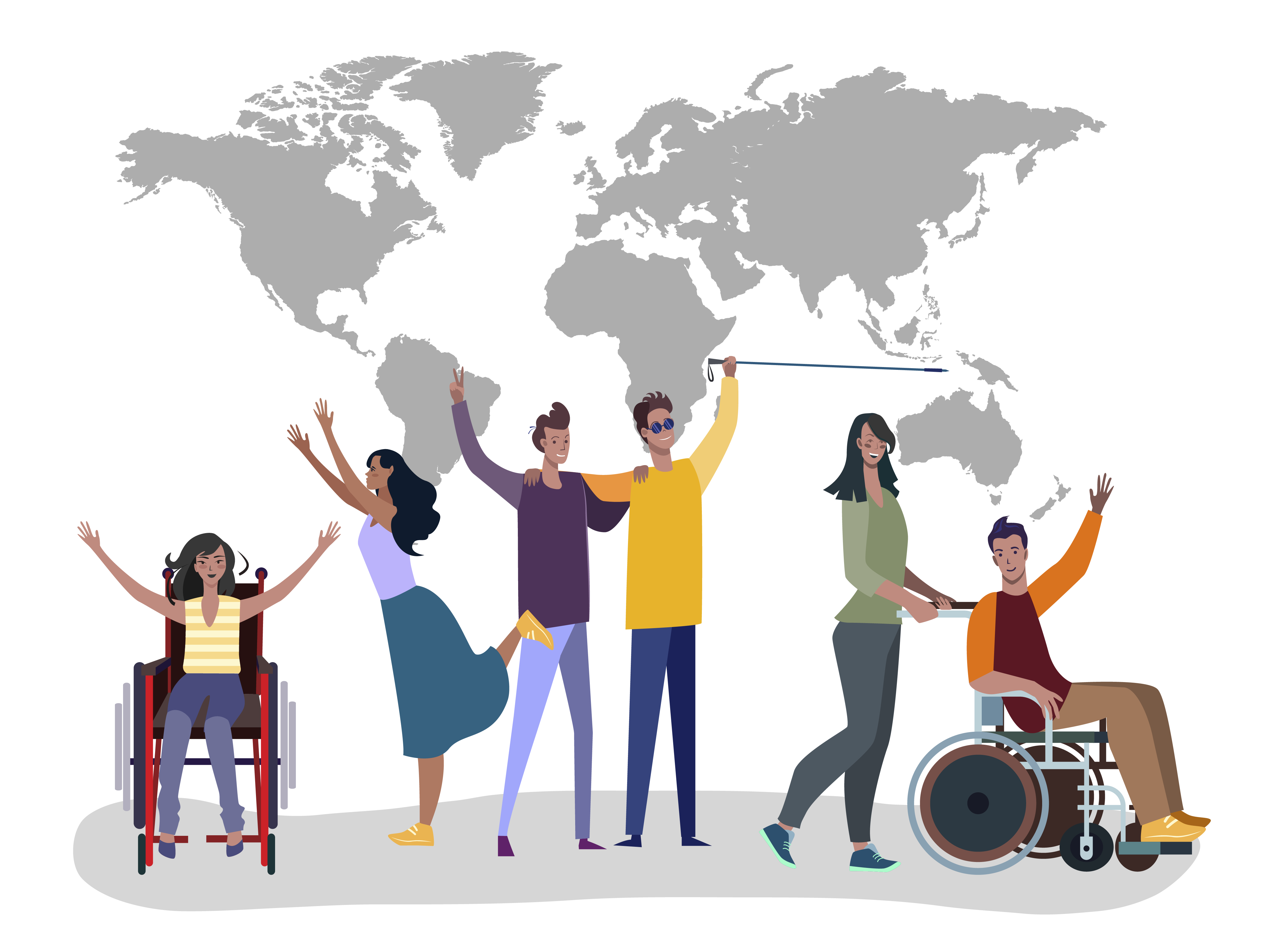Vector illustration of various persons with disabilities and women all happily smiling in front of vector illustrated world map